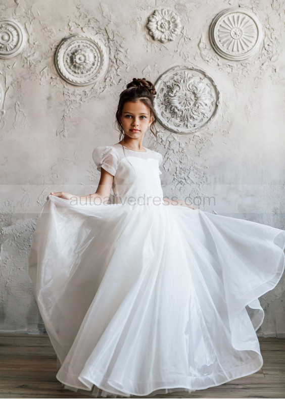 Short Sleeve Ivory Organza Deep V Back Flower Girl Dress